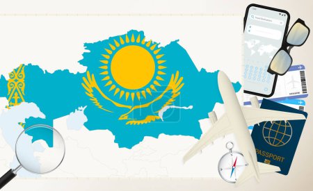 Téléchargez les illustrations : Kazakhstan carte et drapeau, avion de charge sur la carte détaillée de Kazakhstan avec drapeau. - en licence libre de droit