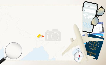 Illustration for Bhutan map and flag, cargo plane on the detailed map of Bhutan with flag. - Royalty Free Image