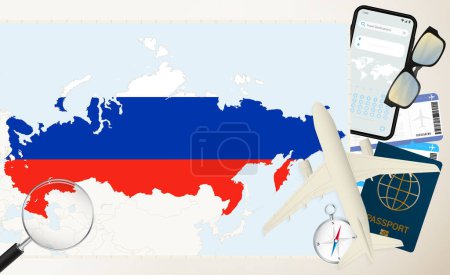 Russia map and flag, cargo plane on the detailed map of Russia with flag.