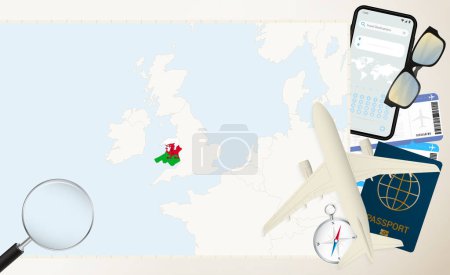 Illustration for Wales map and flag, cargo plane on the detailed map of Wales with flag. - Royalty Free Image