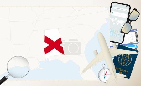 Alabama mapa y bandera, avión de carga en el mapa detallado de Alabama con bandera.