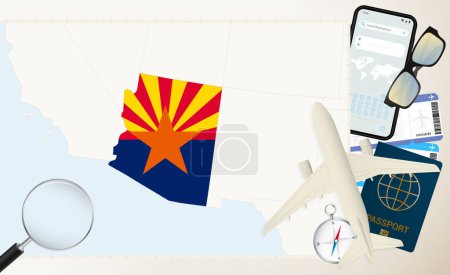 Arizona map and flag, cargo plane on the detailed map of Arizona with flag.