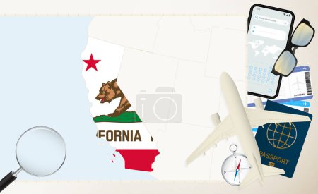 California map and flag, cargo plane on the detailed map of California with flag.