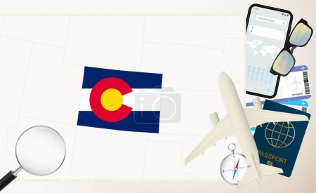 Colorado map and flag, cargo plane on the detailed map of Colorado with flag.