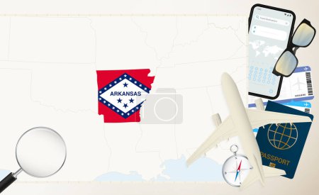 Arkansas map and flag, cargo plane on the detailed map of Arkansas with flag.