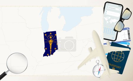Indiana map and flag, cargo plane on the detailed map of Indiana with flag.