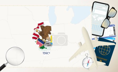 Illinois map and flag, cargo plane on the detailed map of Illinois with flag.
