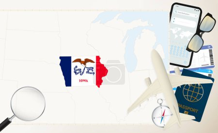 Iowa map and flag, cargo plane on the detailed map of Iowa with flag.