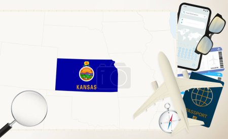 Kansas map and flag, cargo plane on the detailed map of Kansas with flag.