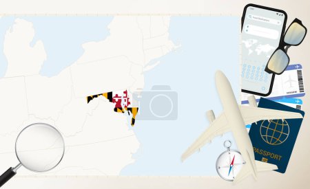 Maryland map and flag, cargo plane on the detailed map of Maryland with flag.