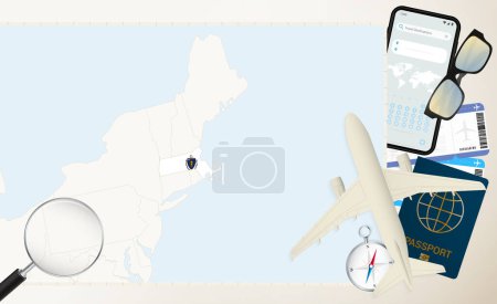 Massachusetts map and flag, cargo plane on the detailed map of Massachusetts with flag.