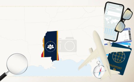 Mississippi map and flag, cargo plane on the detailed map of Mississippi with flag.