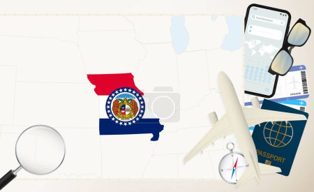 Illustration for Missouri map and flag, cargo plane on the detailed map of Missouri with flag. - Royalty Free Image