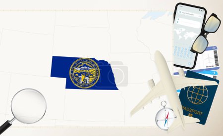 Nebraska map and flag, cargo plane on the detailed map of Nebraska with flag.