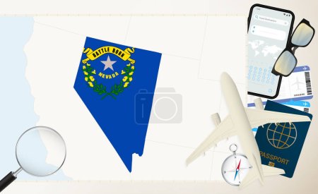 Nevada map and flag, cargo plane on the detailed map of Nevada with flag.