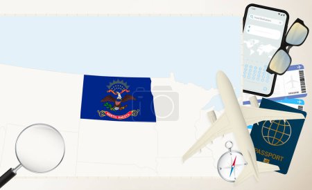 Téléchargez les illustrations : Dakota du Nord carte et drapeau, avion de charge sur la carte détaillée de Dakota du Nord avec drapeau. - en licence libre de droit
