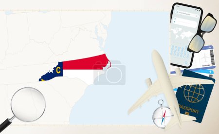 North Carolina map and flag, cargo plane on the detailed map of North Carolina with flag.