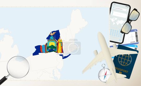 New York map and flag, cargo plane on the detailed map of New York with flag.