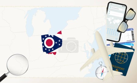 Ohio map and flag, cargo plane on the detailed map of Ohio with flag.