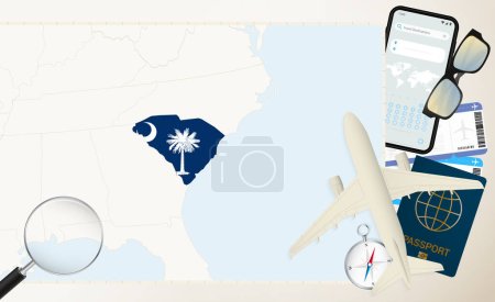 Ilustración de Mapa y bandera de Carolina del Sur, avión de carga en el mapa detallado de Carolina del Sur con bandera. - Imagen libre de derechos