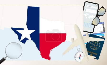 Téléchargez les illustrations : Texas carte et drapeau, avion de charge sur la carte détaillée de Texas avec drapeau. - en licence libre de droit