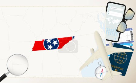 Tennessee map and flag, cargo plane on the detailed map of Tennessee with flag.
