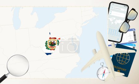West Virginia map and flag, cargo plane on the detailed map of West Virginia with flag.