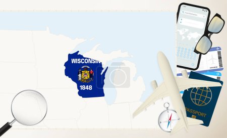 Wisconsin map and flag, cargo plane on the detailed map of Wisconsin with flag.