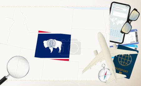 Wyoming map and flag, cargo plane on the detailed map of Wyoming with flag.