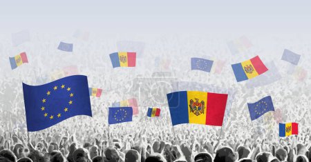 Crowd with flag of European Union and Moldova, people of Moldova with flag of EU.