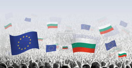 Illustration for Crowd with flag of European Union and Bulgaria, people of Bulgaria with flag of EU. - Royalty Free Image