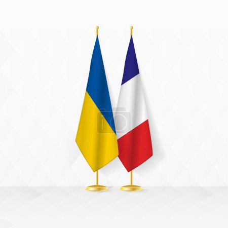 Ukraine and France flags on flag stand, illustration for diplomacy and other meeting between Ukraine and France.