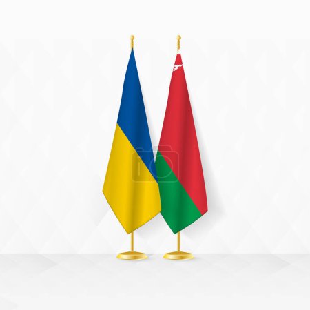Flaggen der Ukraine und Weißrusslands am Fahnenständer, Illustration für Diplomatie und andere Treffen zwischen der Ukraine und Weißrussland.