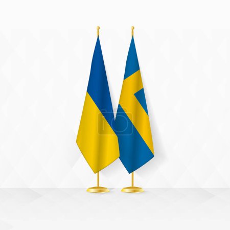 Flaggen der Ukraine und Schwedens am Fahnenständer, Illustration für Diplomatie und andere Treffen zwischen der Ukraine und Schweden.