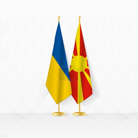 Ukraine and North Macedonia flags on flag stand, illustration for diplomacy and other meeting between Ukraine and North  Macedonia.