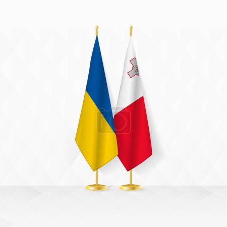 Flaggen der Ukraine und Maltas am Fahnenständer, Illustration für Diplomatie und andere Treffen zwischen der Ukraine und Malta.