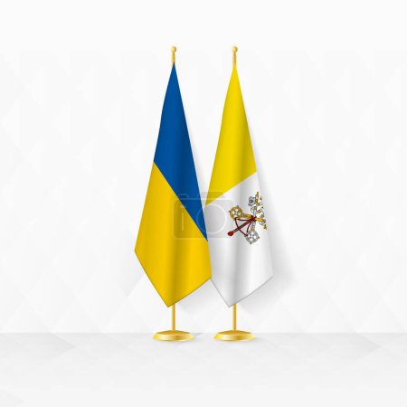 Flaggen der Ukraine und des Vatikans am Fahnenständer, Illustration für Diplomatie und andere Treffen zwischen der Ukraine und dem Vatikan.