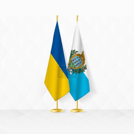 Flaggen der Ukraine und San Marinos auf dem Fahnenständer, Illustration für Diplomatie und andere Treffen zwischen der Ukraine und San Marino.