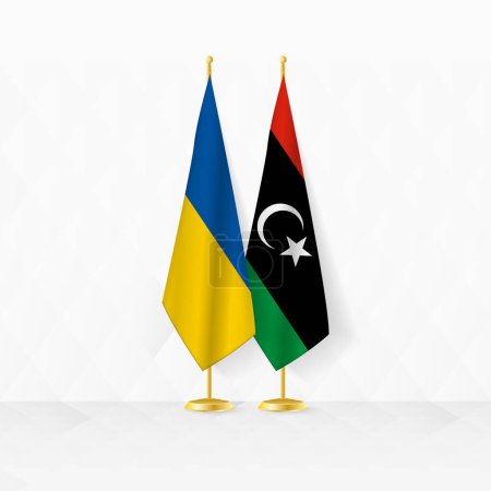 Flaggen der Ukraine und Libyens am Fahnenständer, Illustration für Diplomatie und andere Treffen zwischen der Ukraine und Libyen.