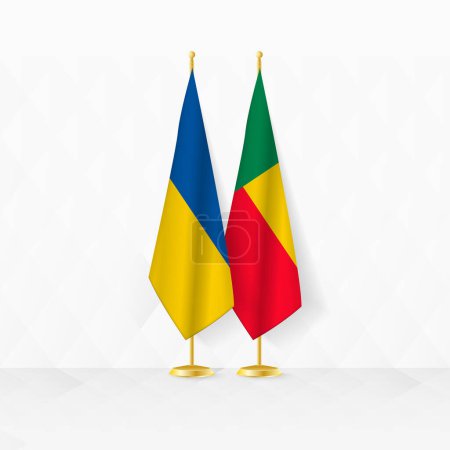 Ukraine and Benin flags on flag stand, illustration for diplomacy and other meeting between Ukraine and Benin.