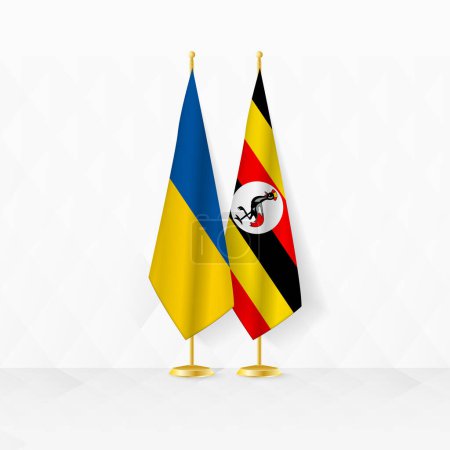 Flaggen der Ukraine und Ugandas am Fahnenständer, Illustration für Diplomatie und andere Treffen zwischen der Ukraine und Uganda.