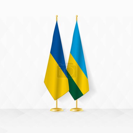 Flaggen der Ukraine und Ruandas am Fahnenständer, Illustration für Diplomatie und andere Treffen zwischen der Ukraine und Ruanda.