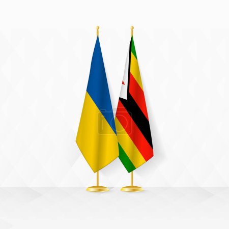 Flaggen der Ukraine und Simbabwes am Fahnenständer, Illustration für Diplomatie und andere Treffen zwischen der Ukraine und Simbabwe.
