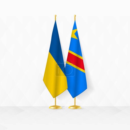 Flaggen der Ukraine und der DR Kongo am Fahnenständer, Illustration für Diplomatie und andere Treffen zwischen der Ukraine und der DR Kongo.