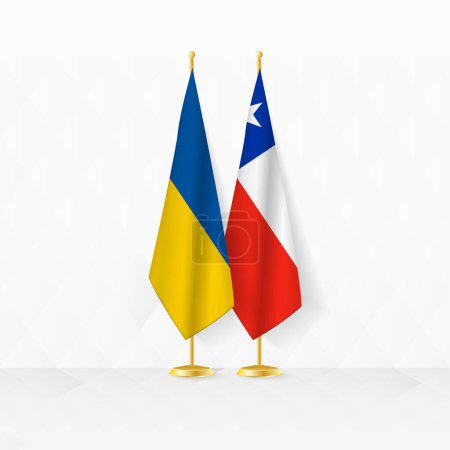 Flaggen der Ukraine und Chiles am Fahnenständer, Illustration für Diplomatie und andere Treffen zwischen der Ukraine und Chile.