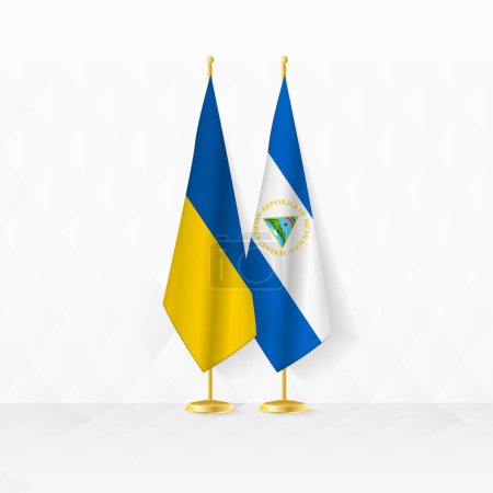 Ukraine and Nicaragua flags on flag stand, illustration for diplomacy and other meeting between Ukraine and Nicaragua.