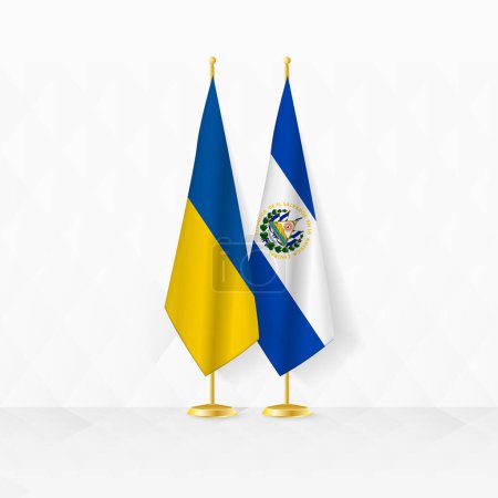 Ukraine and El Salvador flags on flag stand, illustration for diplomacy and other meeting between Ukraine and El Salvador.