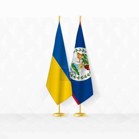 Flaggen der Ukraine und Belizes auf dem Fahnenständer, Illustration für Diplomatie und andere Treffen zwischen der Ukraine und Belize.