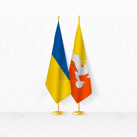 Illustration for Ukraine and Bhutan flags on flag stand, illustration for diplomacy and other meeting between Ukraine and Bhutan. - Royalty Free Image