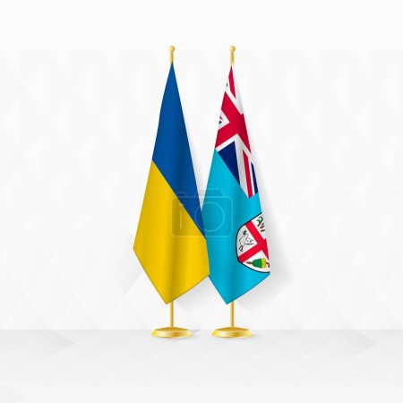 Flaggen der Ukraine und Fidschi auf dem Fahnenständer, Illustration für Diplomatie und andere Treffen zwischen der Ukraine und Fidschi.